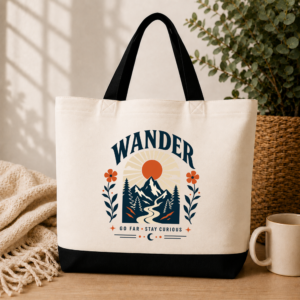 wander gift tote Wander Go Far Stay Curious Canvas Tote Bag