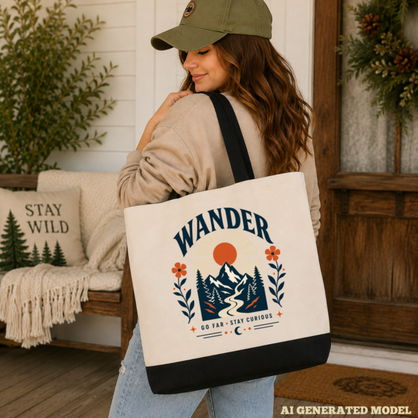 wander gift tote mock Wander Go Far Stay Curious Canvas Tote Bag