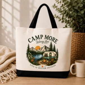 camp more worry less gift tote Camp More Worry Less Tote Bag