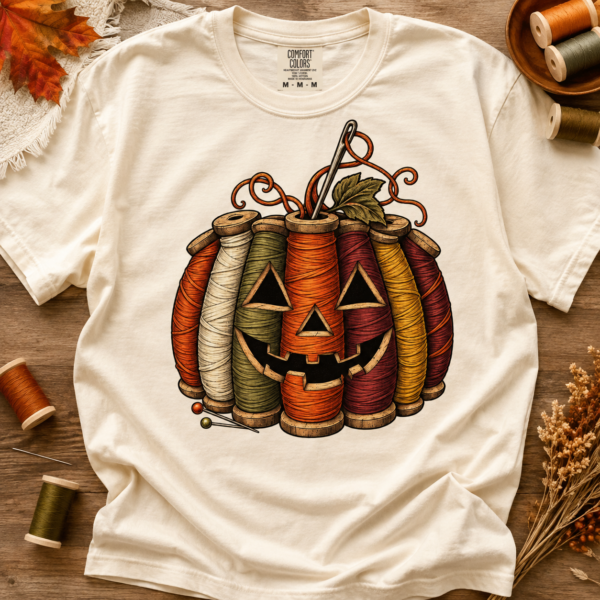 pumkpin thread head listing image Sewing Pumpkin Halloween Shirt