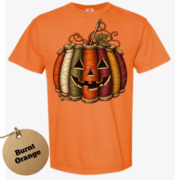 thread pumpkin burnt orange Sewing Pumpkin Halloween Shirt