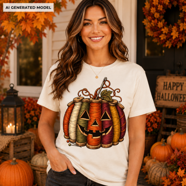 thread pumpkin lifestyle image Sewing Pumpkin Halloween Shirt