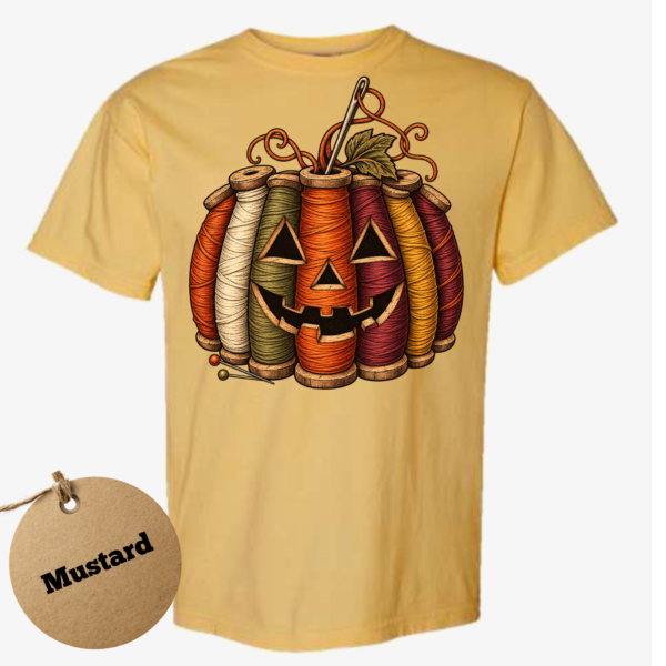 thread pumpkin mustard Sewing Pumpkin Halloween Shirt
